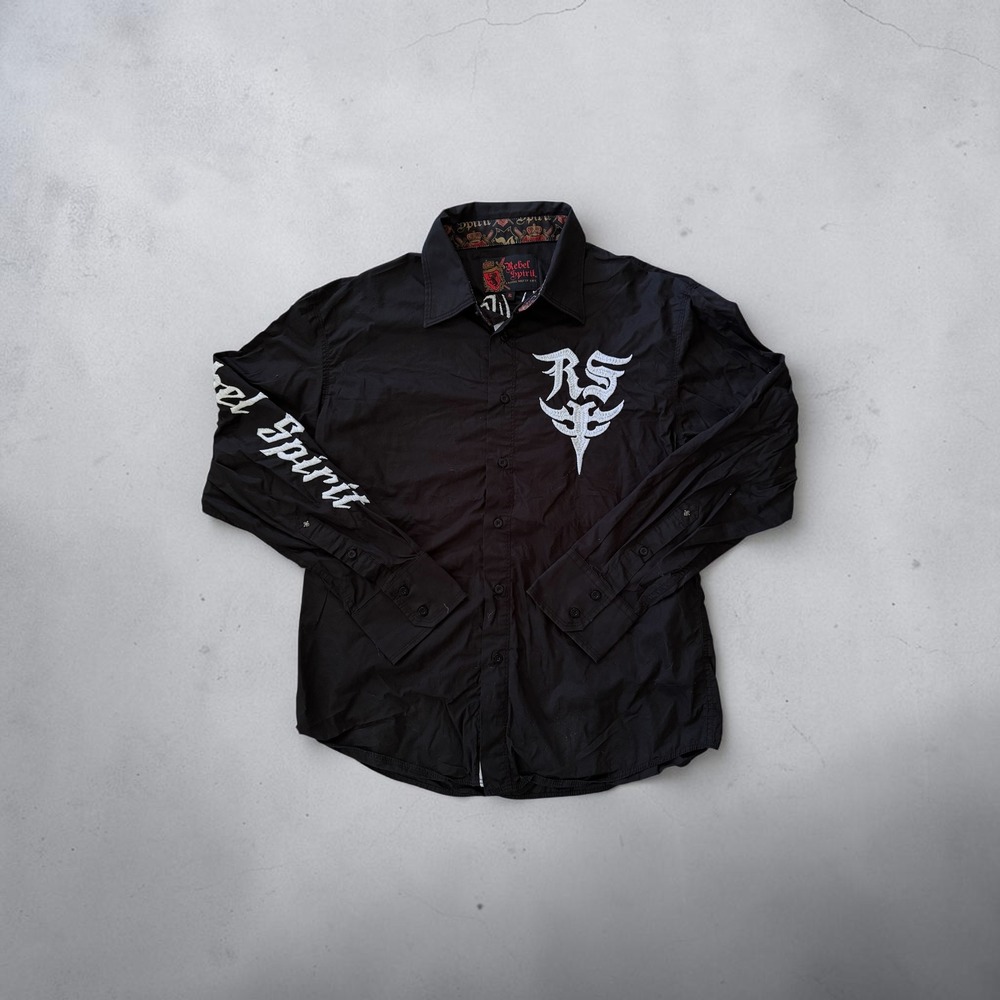 Rebel Spirit Button Down Shirt Mens Black Embroidered Cross Y2K Grunge Goth Skul